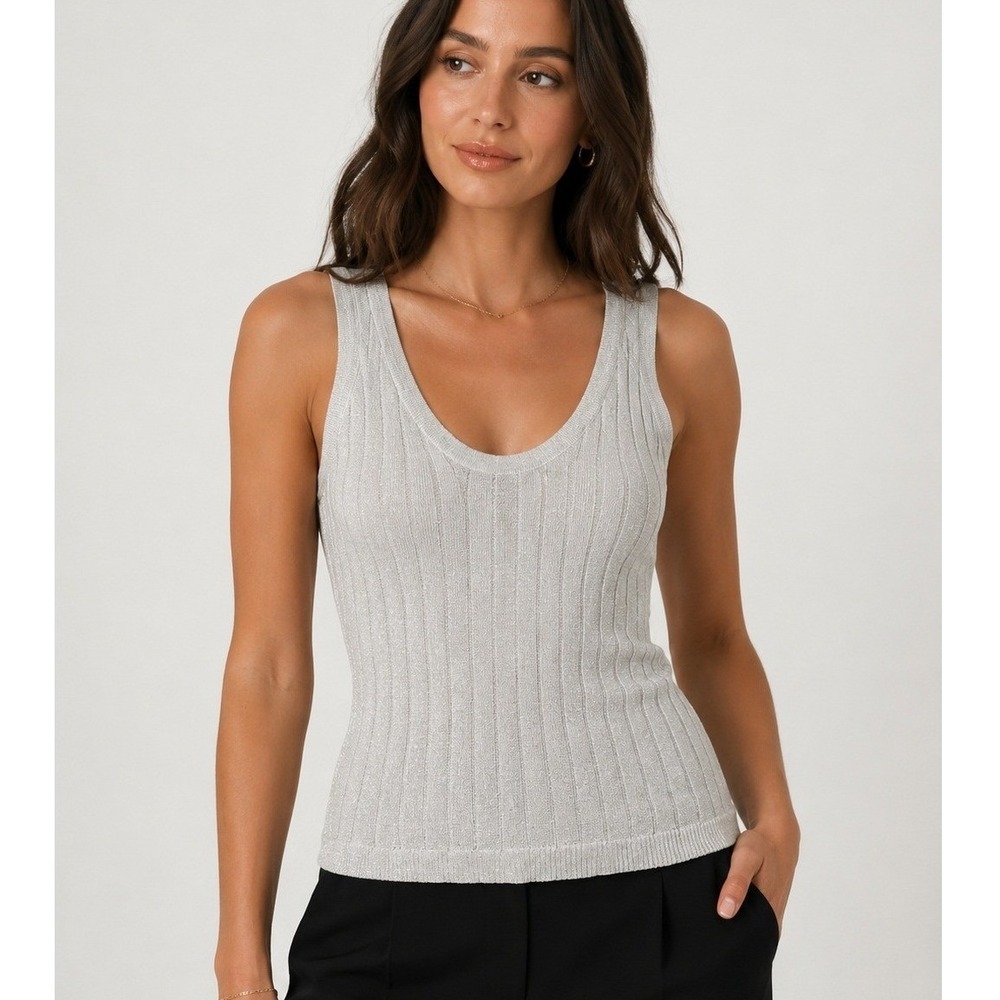 Zara Women Silver Metallic Ribbed Knit Scoop Neck Tank Top Large